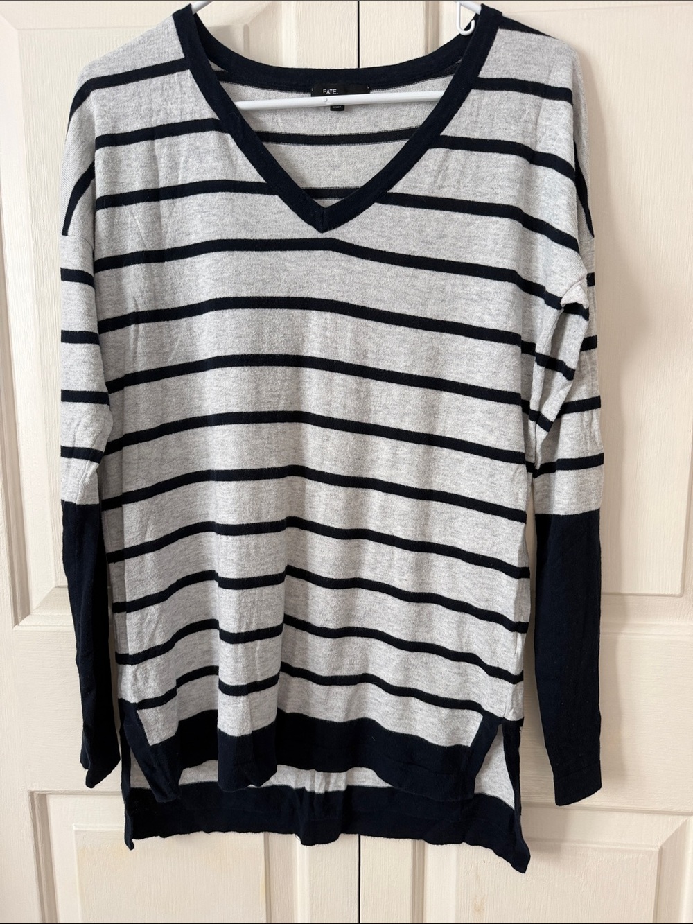 Fate Striped V-Neck Sweater - Navy & Gray